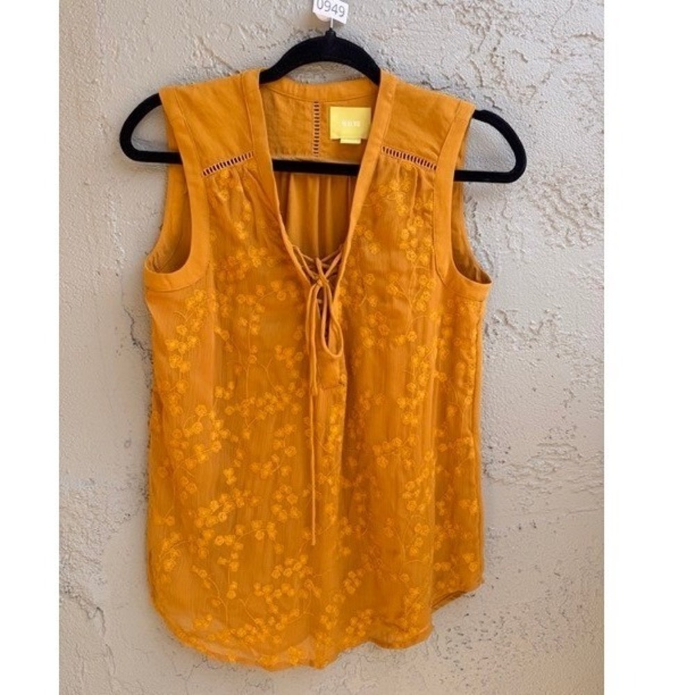 Maeve Anthropologie Mustard Embroidered Lace Up Sleeveless Blouse SMALL Boho